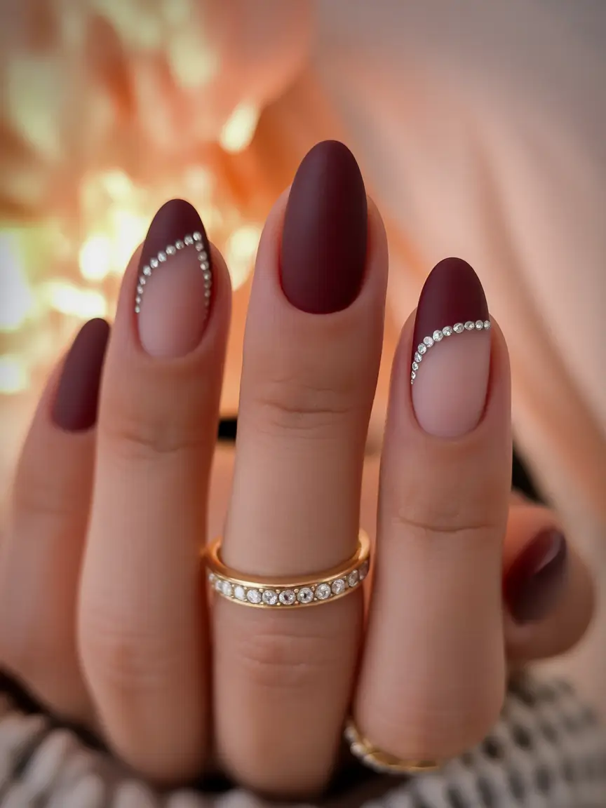 fall nails oval shape Matte Burgundy with Crystal Accents