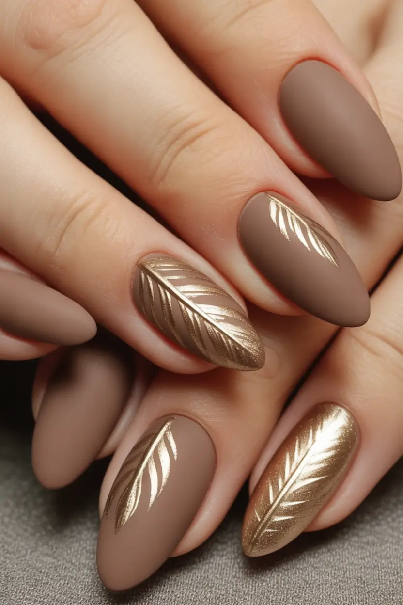 fall nails oval shape Matte Taupe with Gold Feather Design