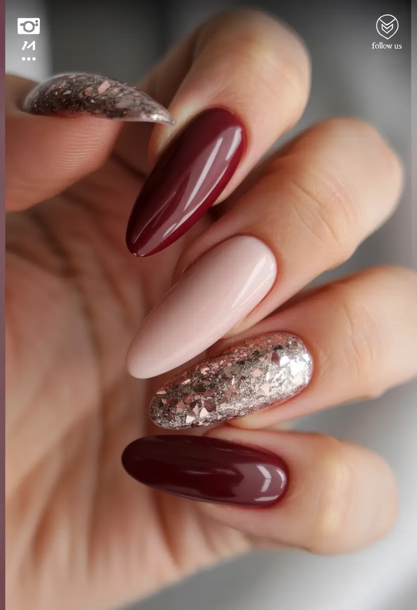 fall nails oval shape Burgundy, Nude, and Silver Glitter Mix