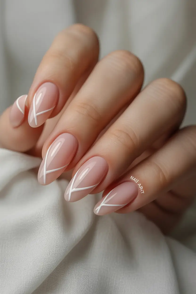 fall nails oval shape Minimalist White Ribbon Lines