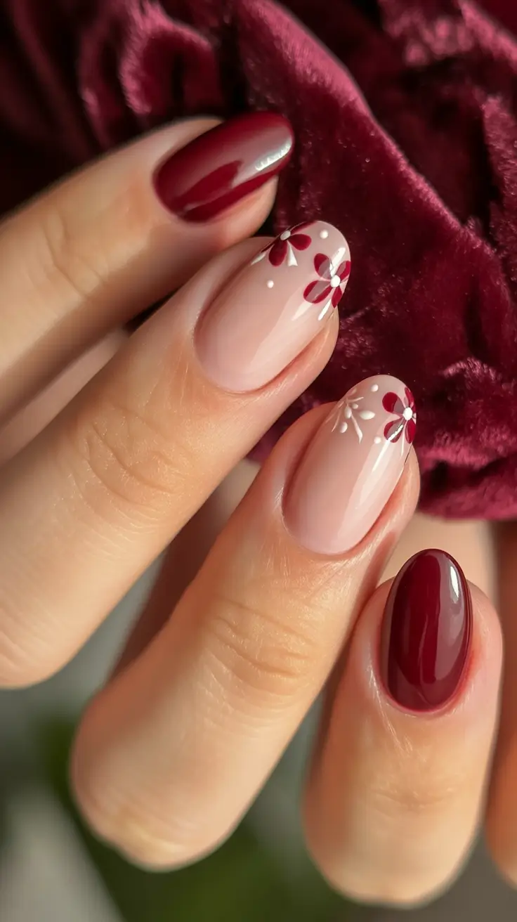fall nails oval shape Deep Red Florals on Nude