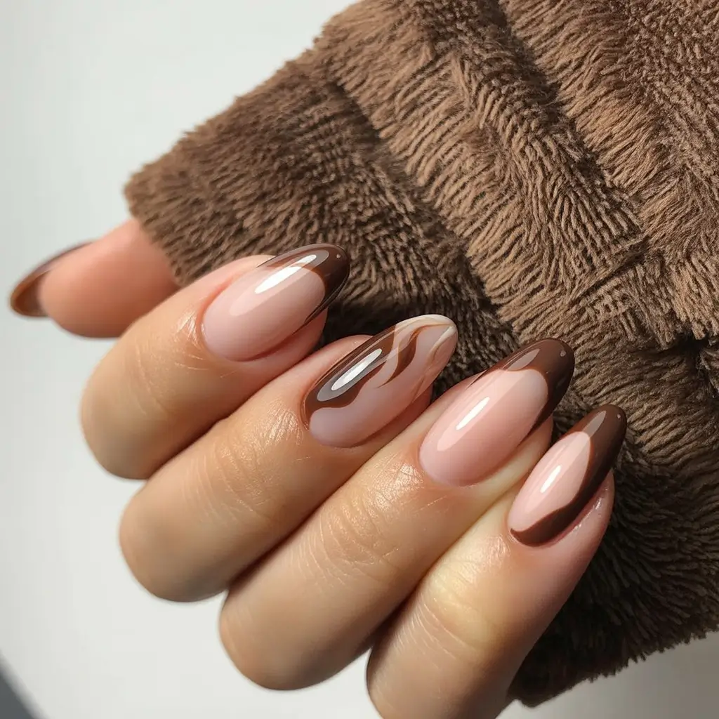 fall nails oval shape Chocolate Swirl French