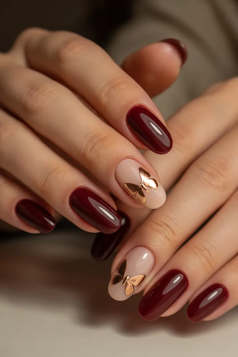 fall nails oval shape Classic Burgundy with 3D Butterfly Charms