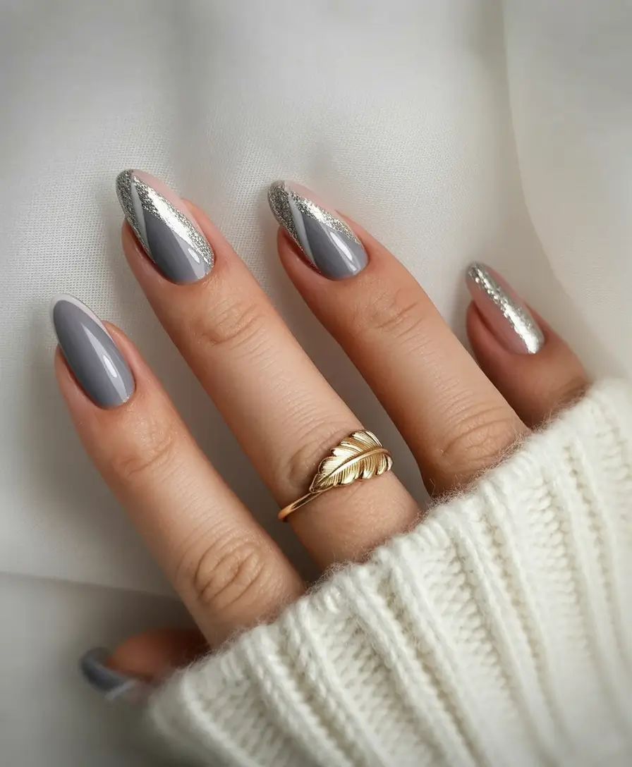 fall nails oval shape Grey and Silver Diagonal Stripes