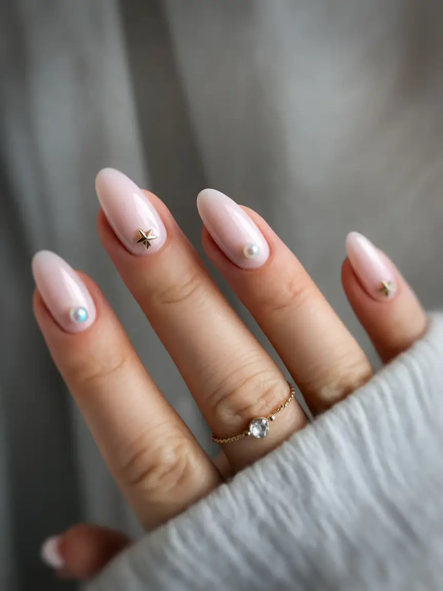 fall nails oval shape Sheer Pink with Minimal Star and Pearl Accents