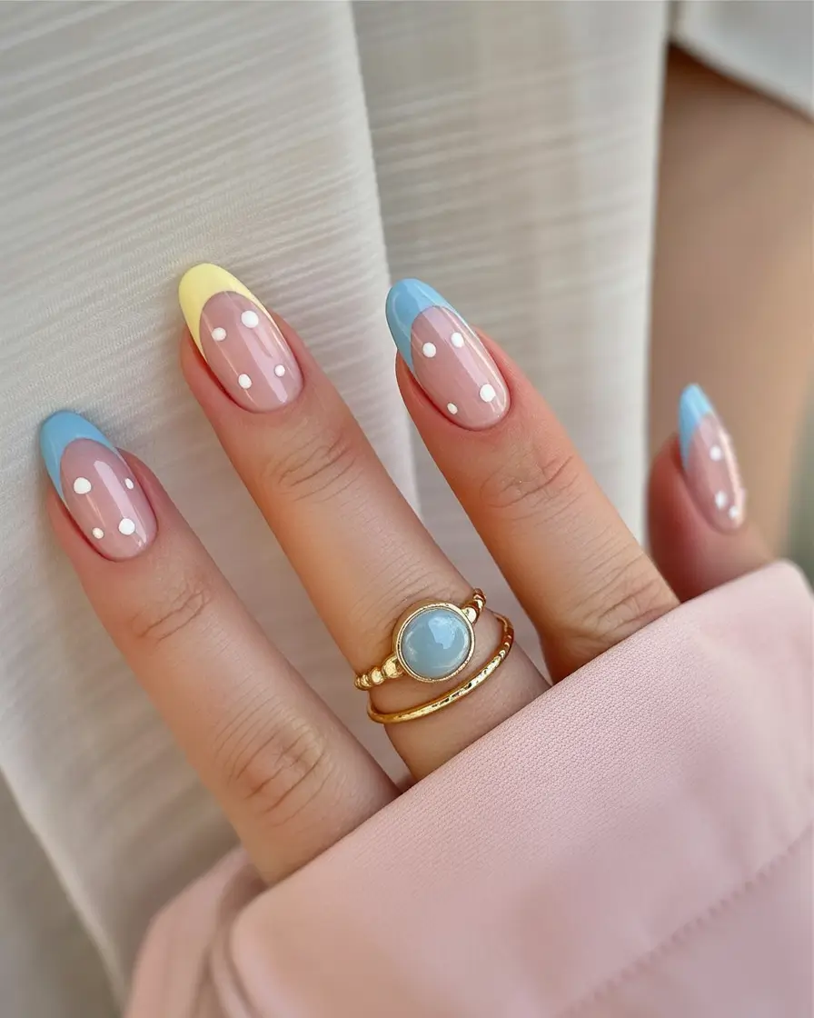 fall nails oval shape Playful Pastel French with Polka Dots