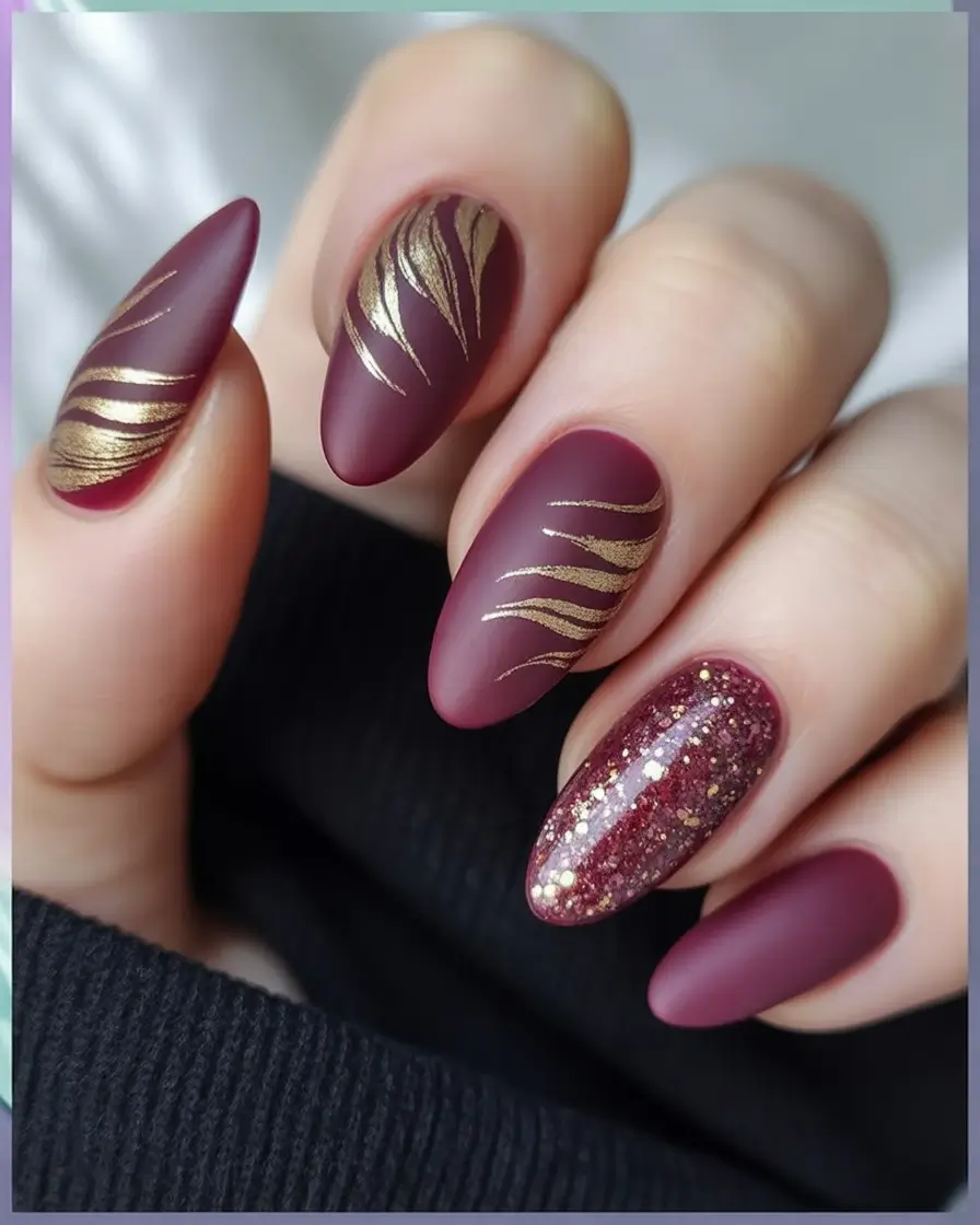 fall nails oval shape Matte Burgundy with Gold and Glitter Accents