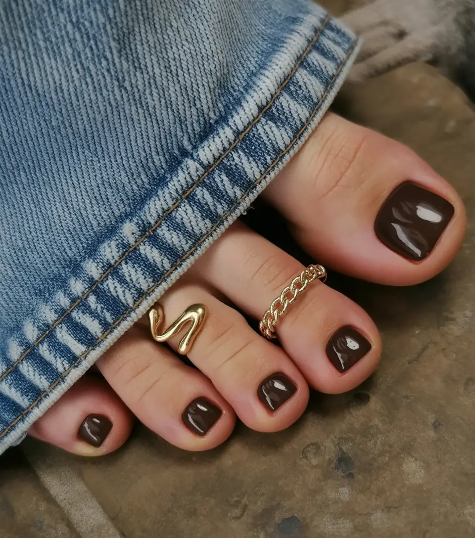21 Stylish Fall Pedicure Shades 2025 - Espresso Brown Under Denim