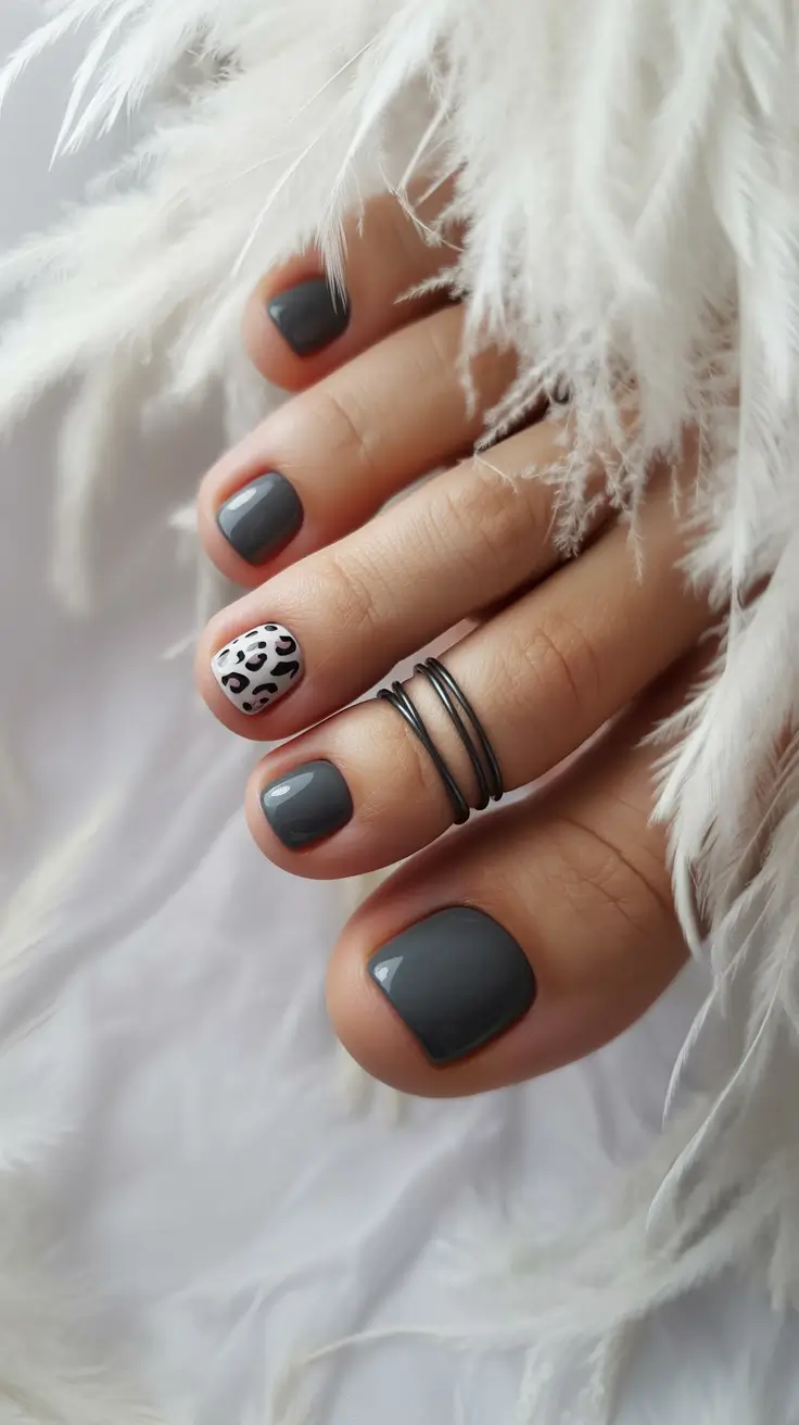 21 Stylish Fall Pedicure Shades 2025 - Charcoal Gloss With Micro Leopard