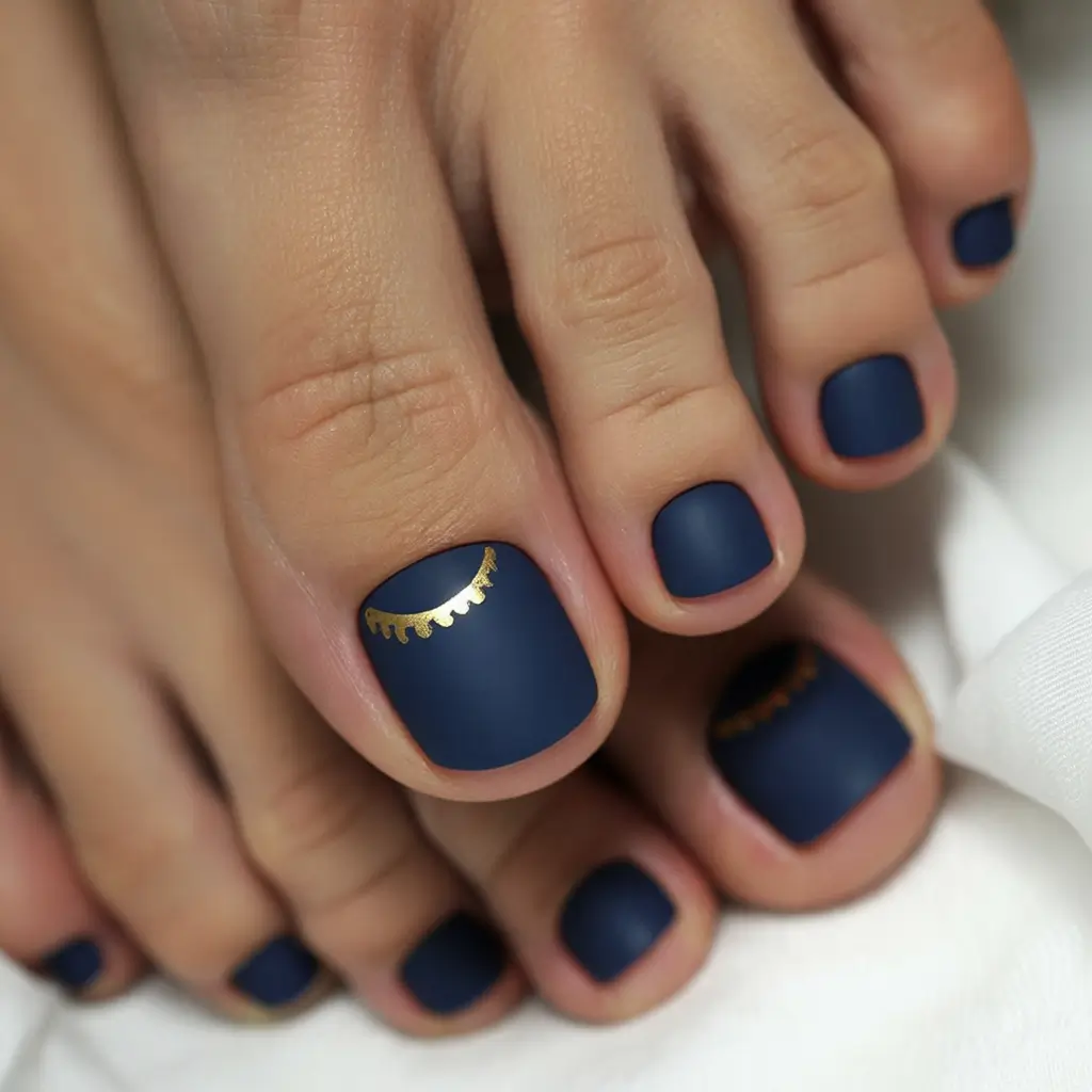 21 Stylish Fall Pedicure Shades 2025 - Matte Navy With Gilded Half-Moons