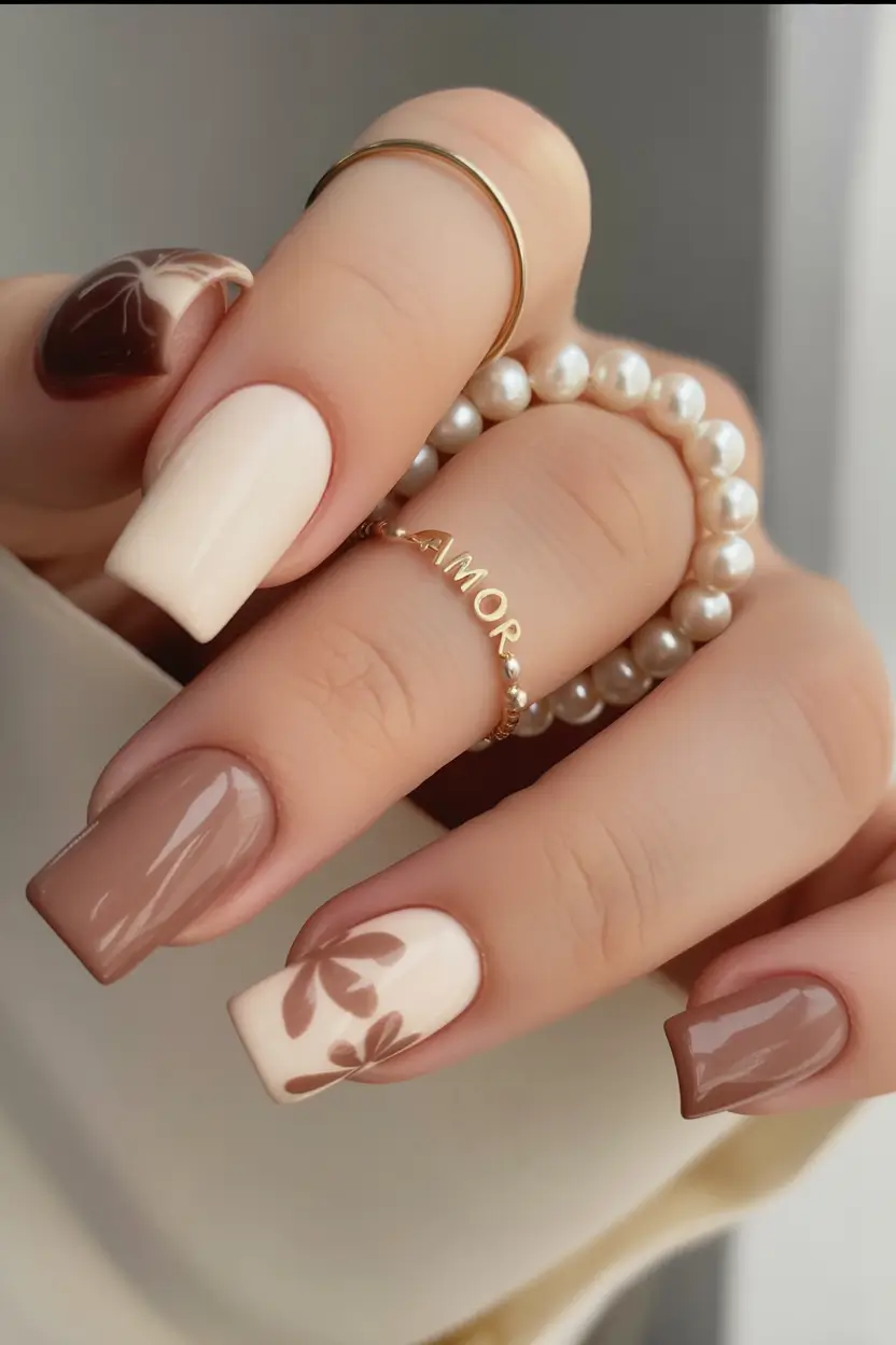 Subtle fall nails - Milk-Tea Mix on Neat Squares