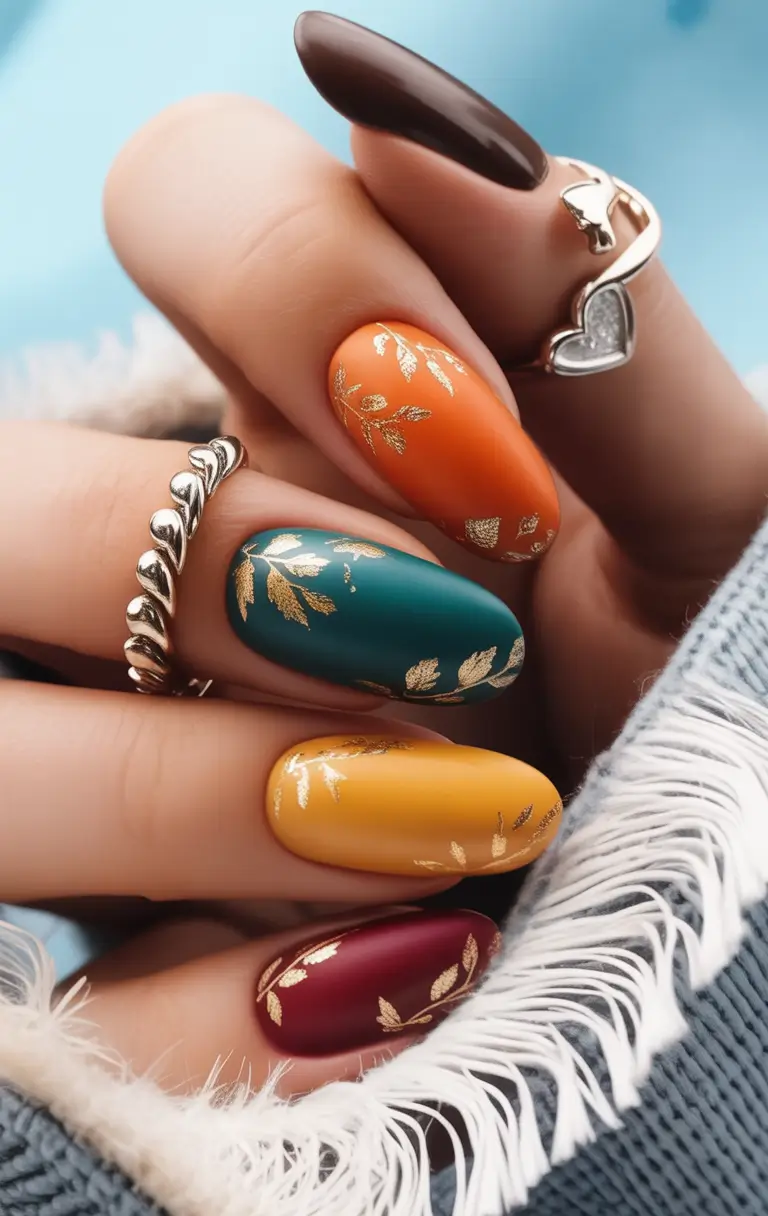 Subtle fall nails - Harvest Palette Almonds with Gilded Leaves