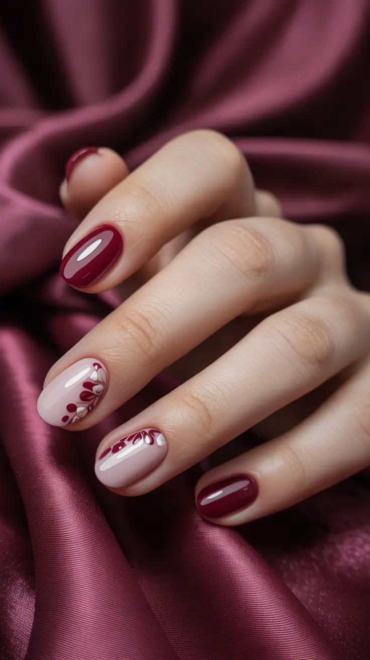 Subtle fall nails - Merlot Petals on Short Oval