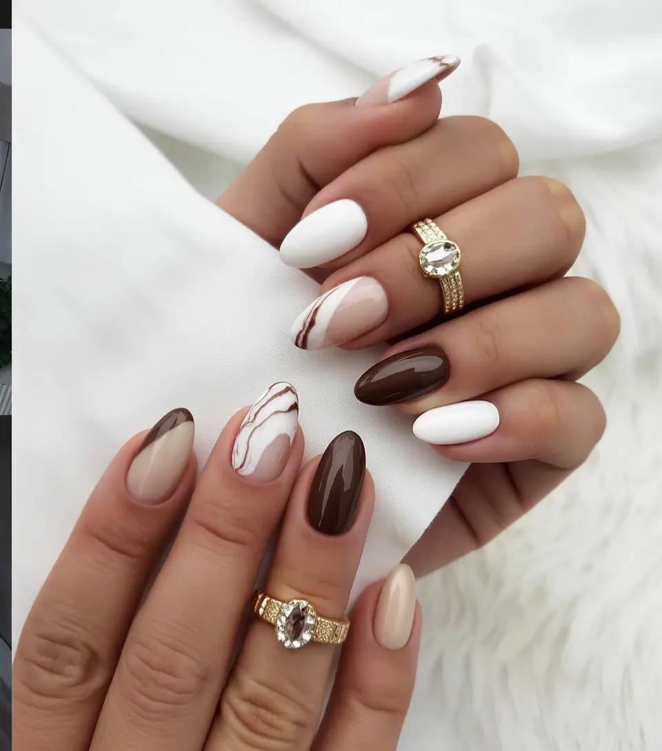 Subtle fall nails - Latte Marble with Soft French Swirls