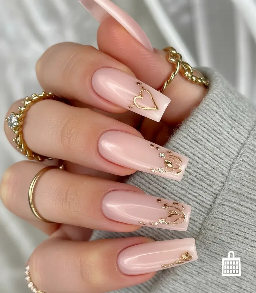 Subtle fall nails - Blush Squares with Gilded Charms