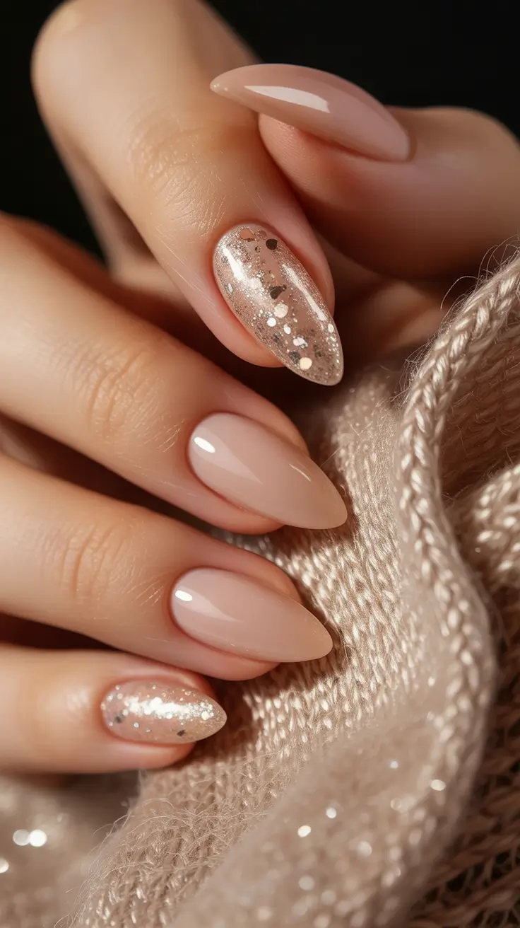 Subtle fall nails - Champagne Sparkle Accents on Nude Almonds