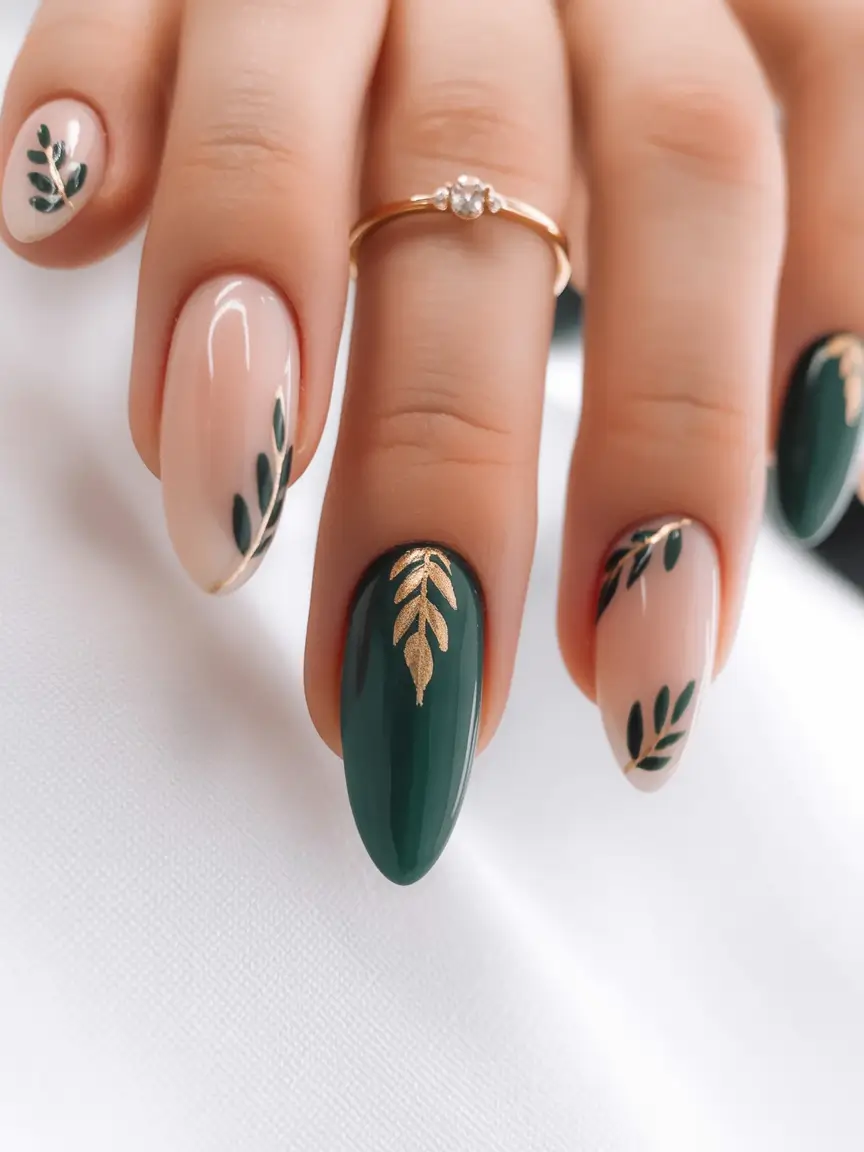 Subtle fall nails - Emerald Laurel Accents on Glossy Almonds