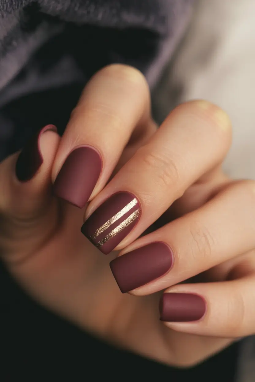 Subtle fall nails - Matte Merlot Stripes on Short Squares