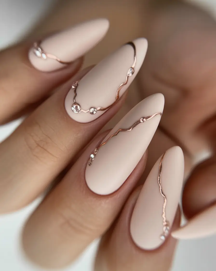 Subtle fall nails - Matte Nude Almonds with Rose-Gold Veins