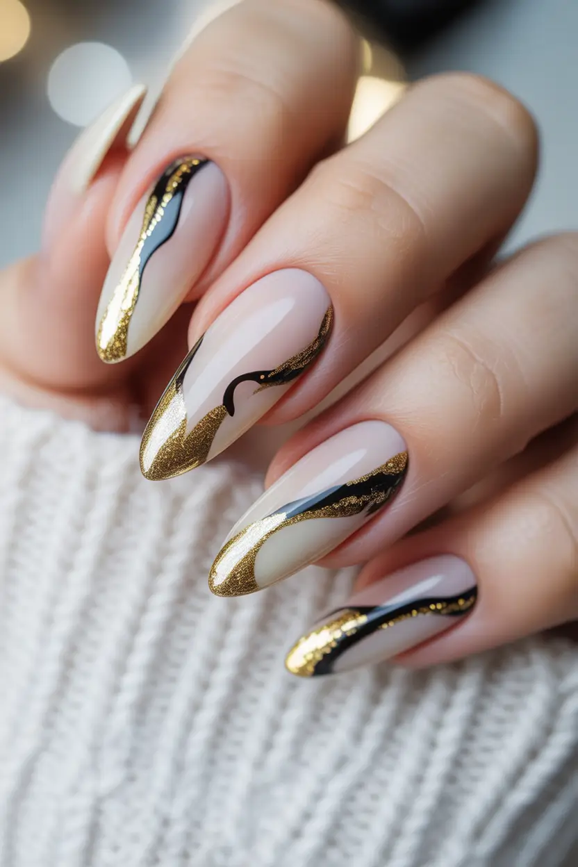 Subtle fall nails - Nude Almond with Black-and-Gold Swirls
