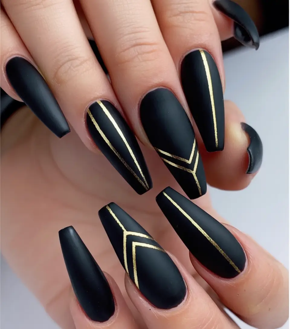 Subtle fall nails - Black Velvet Geometry on Coffin Tips