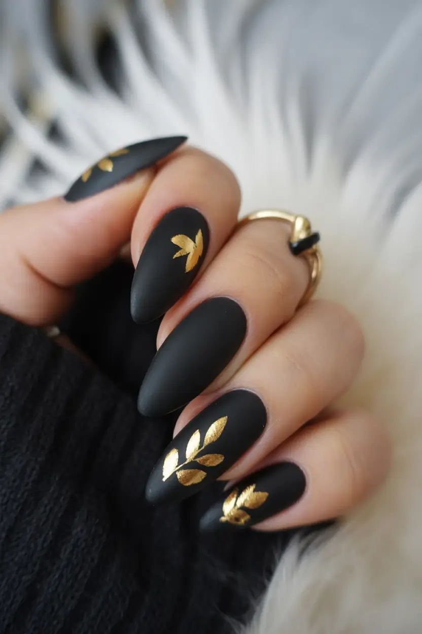 Subtle fall nails - Matte Laurel Almonds with Foil Sprigs