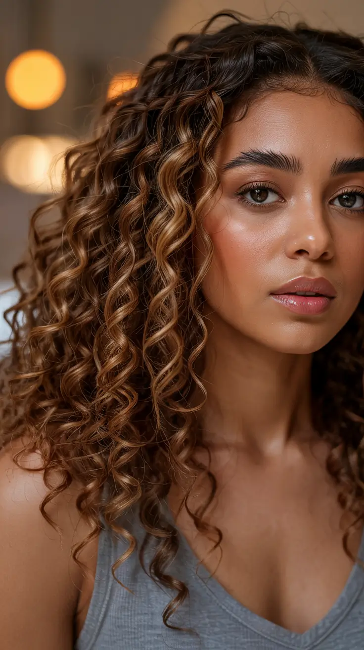 Fall Hair Color Ideas for Deep Skin Golden Caramel Curls with Dimension