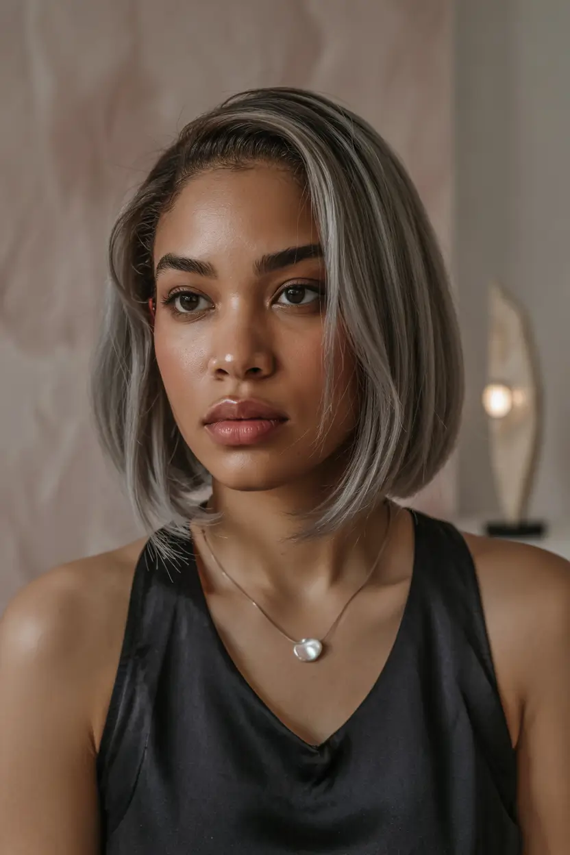 Fall Hair Color Ideas for Deep Skin Silver Ash Bob for a Futuristic Twist