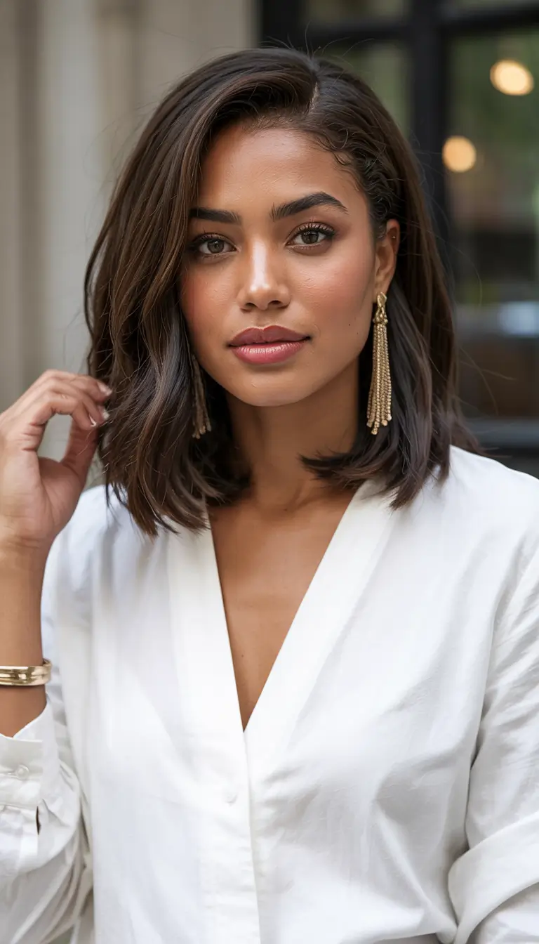 Fall Hair Color Ideas for Deep Skin Glossy Dark Brunette with Soft Layers