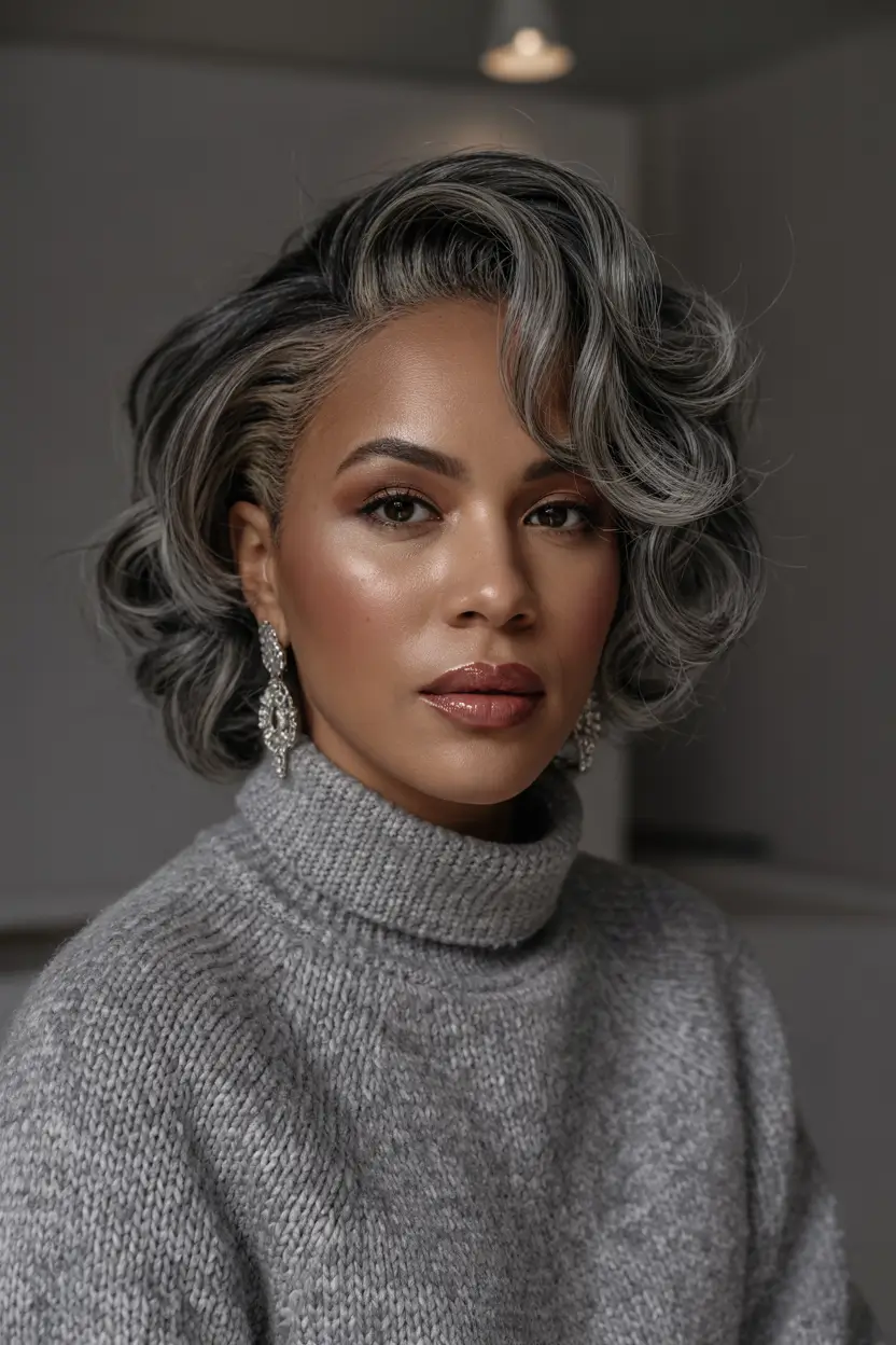 Fall Hair Color Ideas for Deep Skin Smoky Silver with Soft Curls