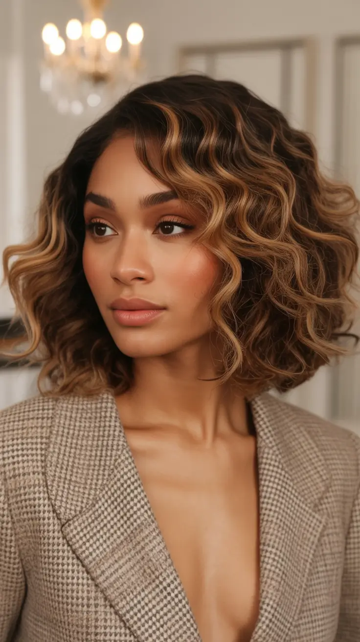 Fall Hair Color Ideas for Deep Skin Caramel Highlights on a Structured Bob