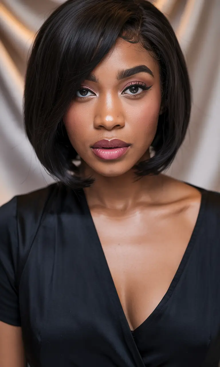 Fall Hair Color Ideas for Deep Skin Sleek Bob in Jet Black