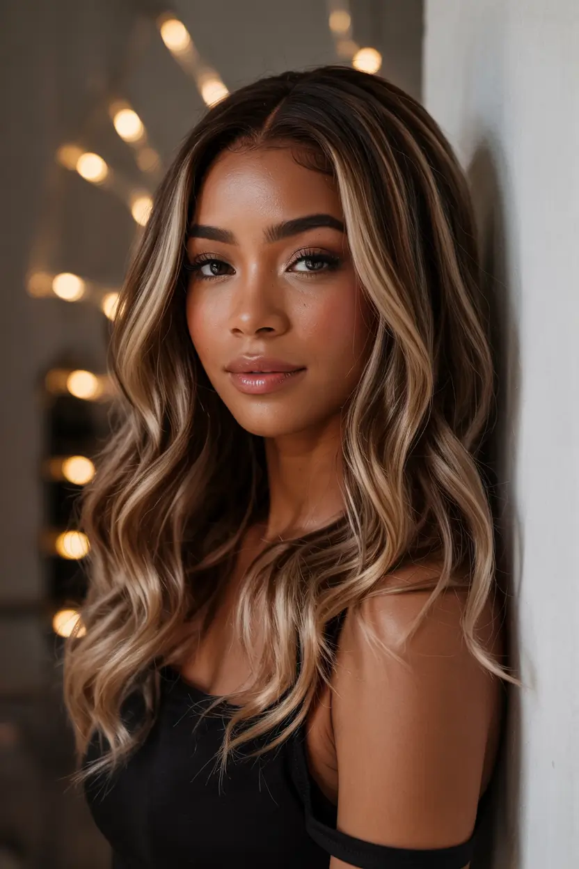 Fall Hair Color Ideas for Deep Skin Bronde Waves with Subtle Glow