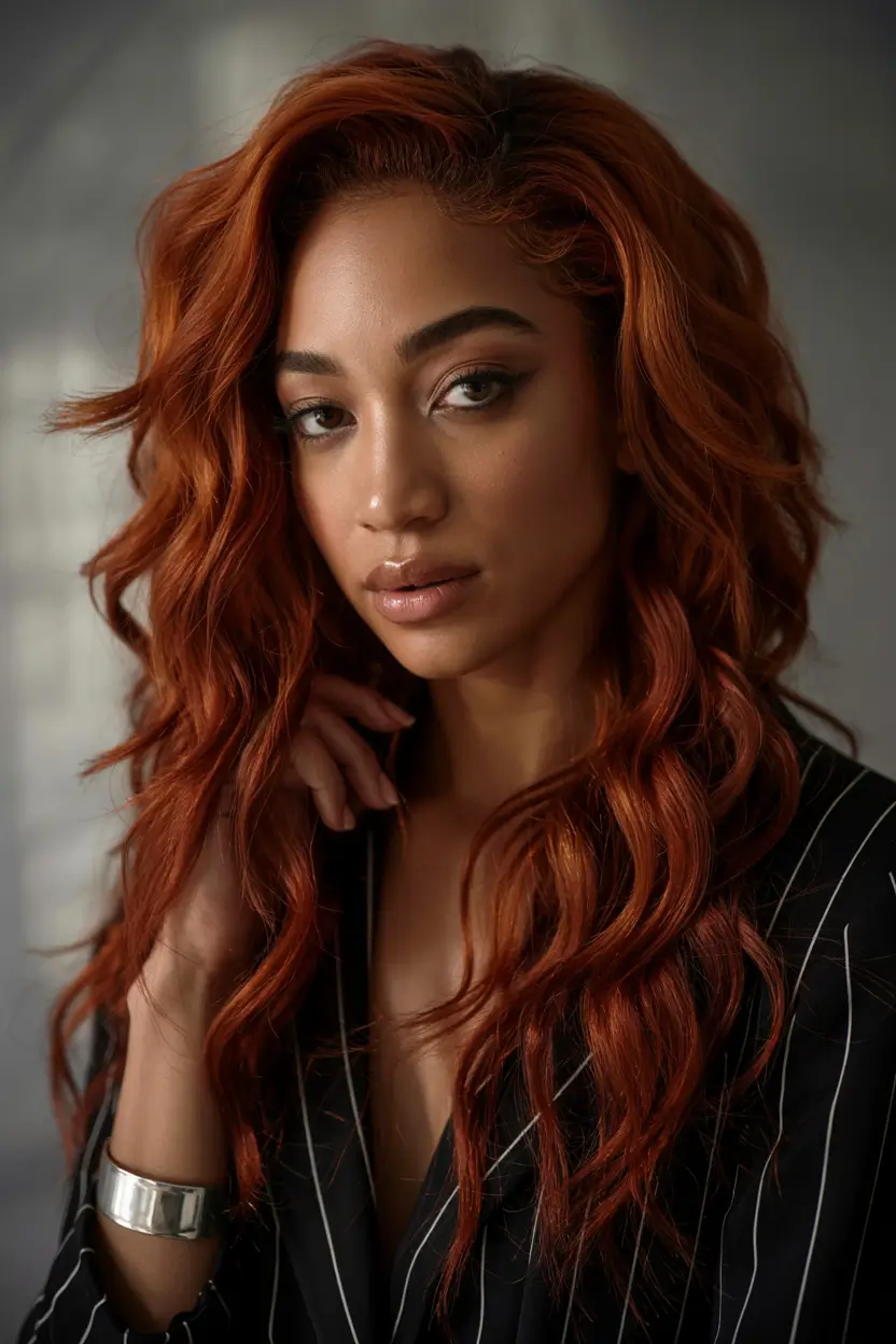 Fall Hair Color Ideas for Deep Skin Fiery Cinnamon Red with Loose Waves