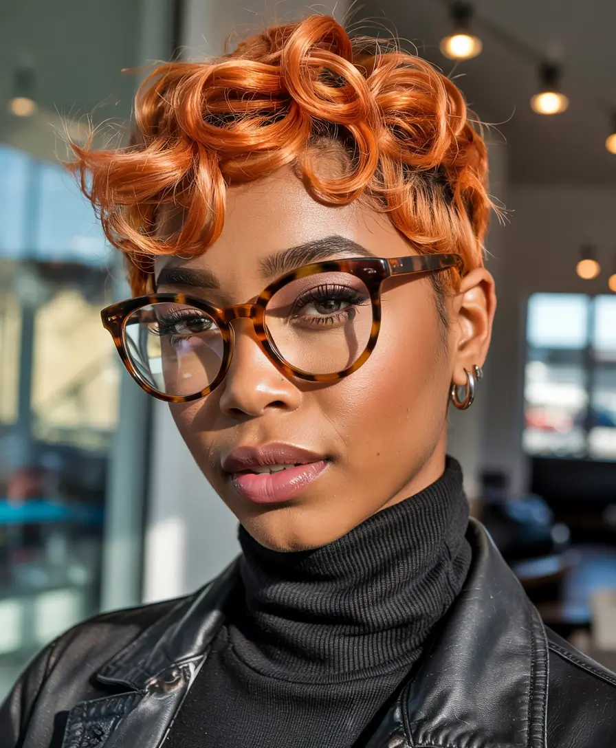 Fall Hair Color Ideas for Deep Skin Fiery Copper Pixie with Playful Curls