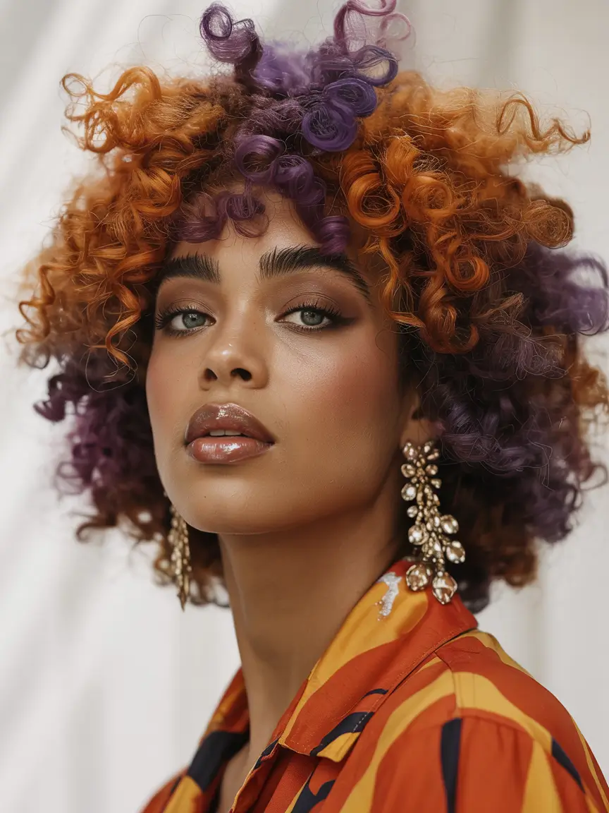 Fall Hair Color Ideas for Deep Skin Two-Tone Curly Afro with Purple Accents