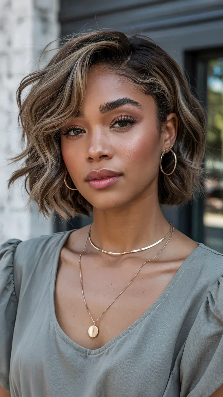 Fall Hair Color Ideas for Deep Skin Sunlit Brunette Bob with Face-Framing Strands