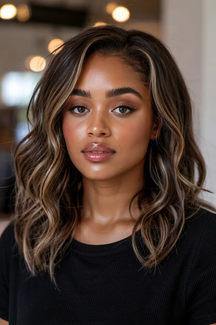 Fall Hair Color Ideas for Deep Skin Balayage Waves in Buttery Blonde and Brunette Blend