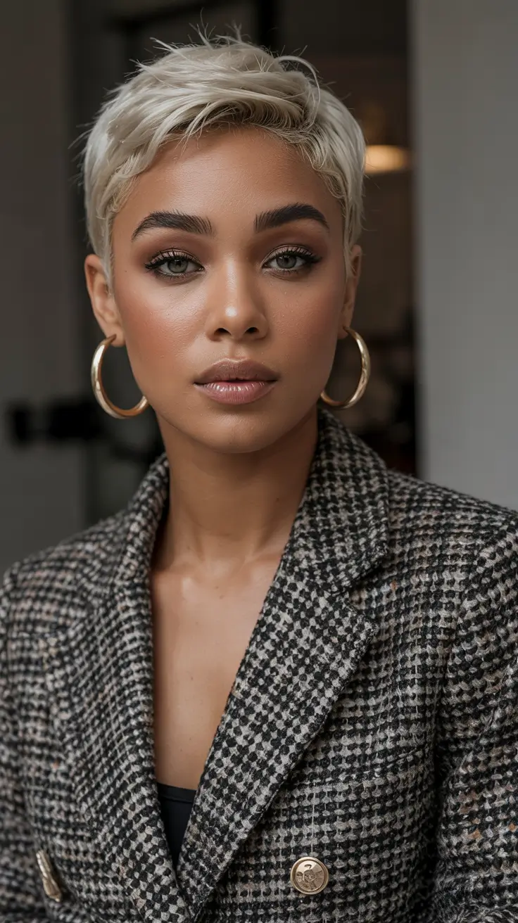 Fall Hair Color Ideas for Deep Skin Icy Blonde Pixie for Bold Confidence