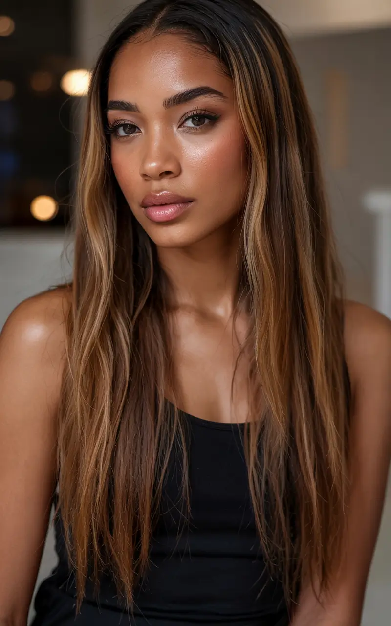 Fall Hair Color Ideas for Deep Skin Long Brunette Base with Caramel Streaks
