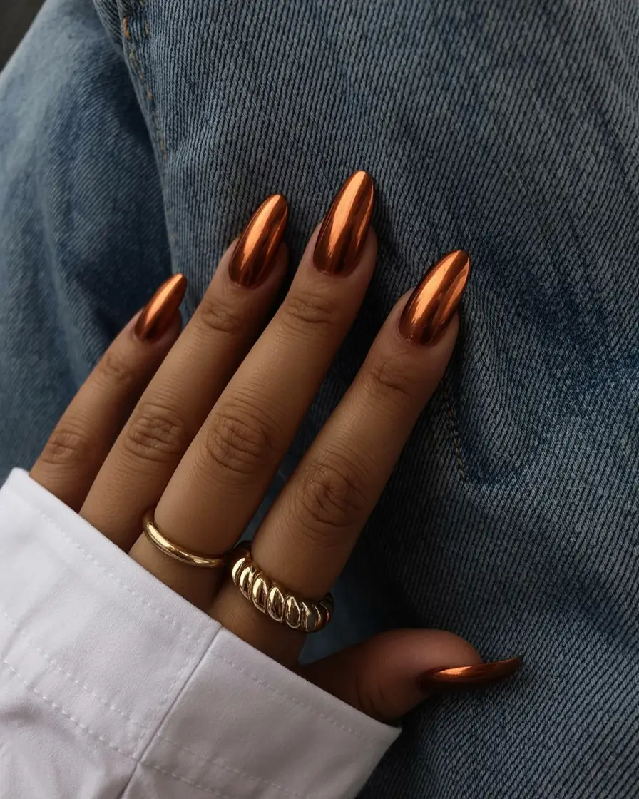 Fall Nail Colors for Brown Skin Bronzed Chrome Drama
