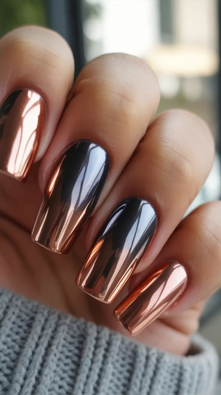Fall Nail Colors for Brown Skin Copper and Black Chrome Duo