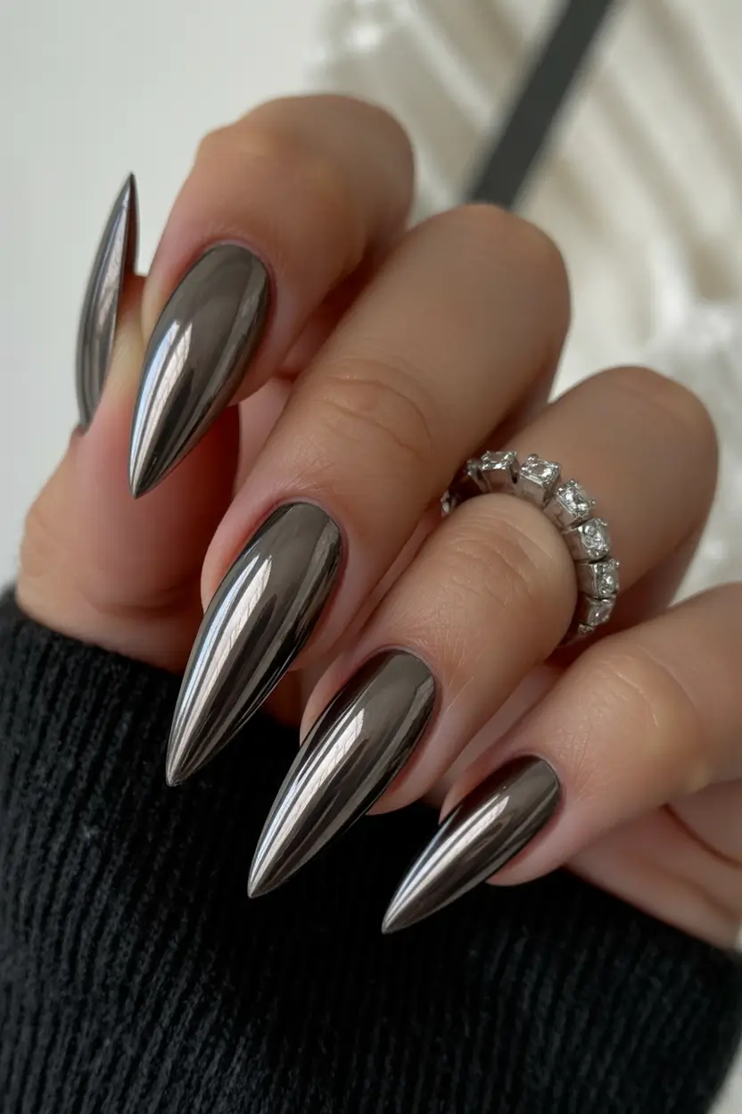 fall chrome nails 2025 Midnight Steel Elegance