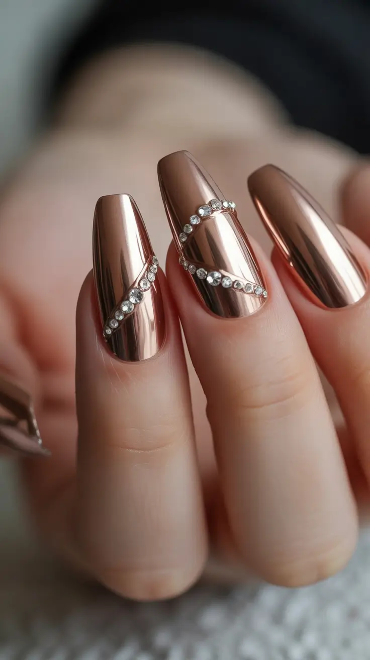 fall chrome nails 2025 Rose Chrome with Crystal Accents