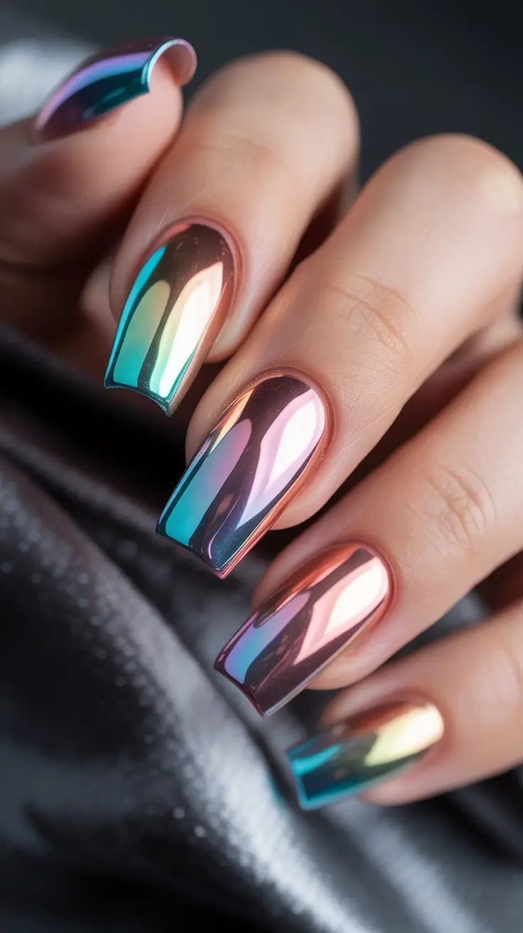 fall chrome nails 2025 Rainbow Mirror Square