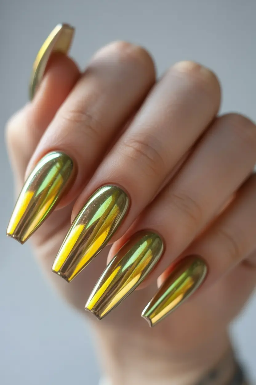 fall chrome nails 2025 Olive Gold Chrome Fade