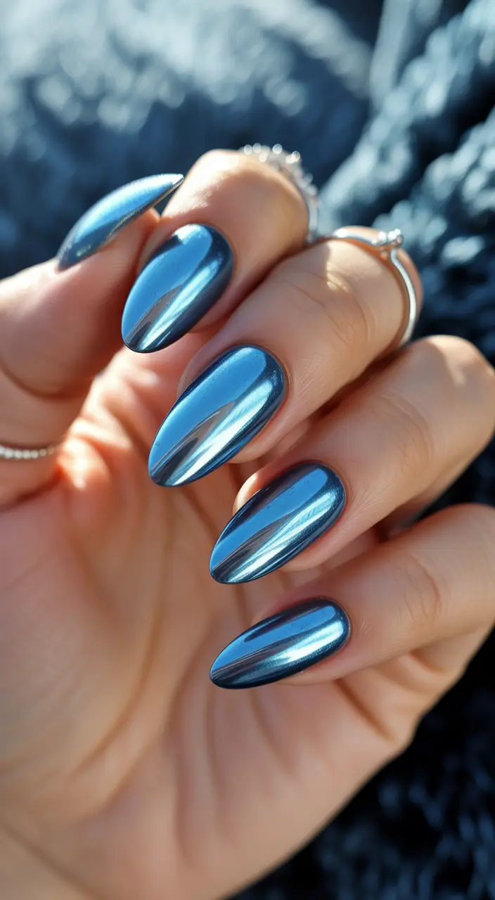 fall chrome nails 2025 Blue Frost Chrome Almond