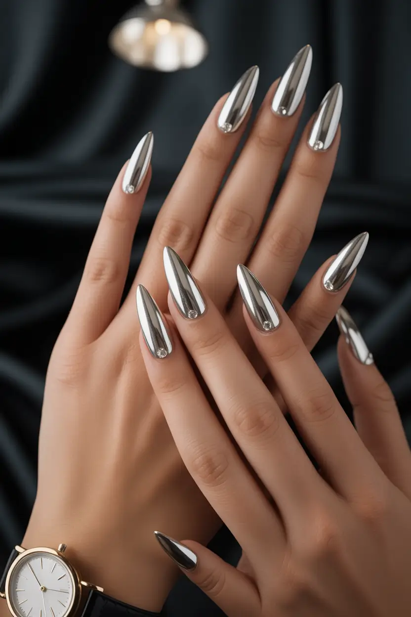 fall chrome nails 2025 Diamond Drop Silver Chrome