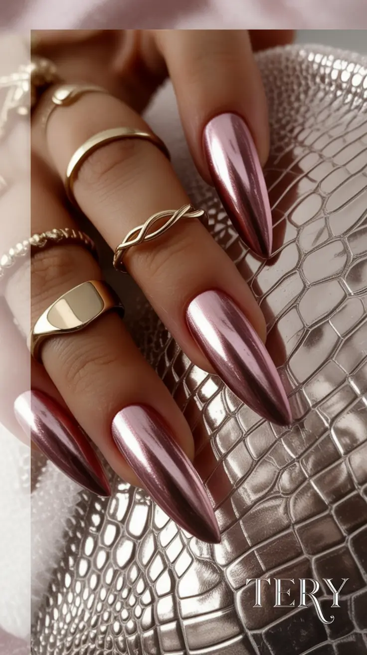 fall chrome nails 2025 Dusty Rose Chrome Glow