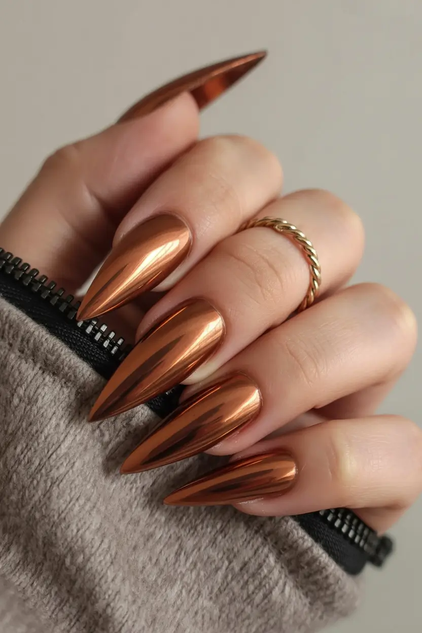fall chrome nails 2025 Cinnamon Bronze Stilettos